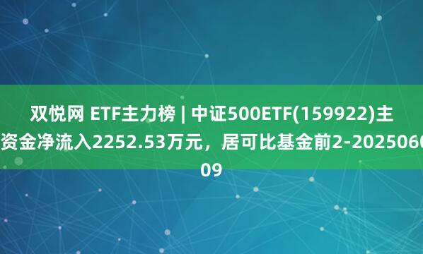 双悦网 ETF主力榜 | 中证500ETF(159922)主力资金净流入2252.53万元，居可比基金前2-20250609